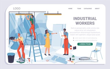 Vector cartoon flat industrial worker characters,office renovation landing page design.Builder workers repair,decorate new office building-interior repairs,renovation,design,web site banner concept