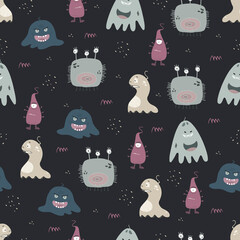Seamless pattern with monsters in children's cartoon style. Vector illustration for printing on fabric, covers, decoration of children's rooms