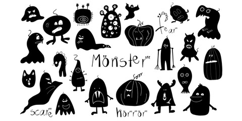Set of black and white silhouettes of monsters. Vector illustration in cartoon style. For print, stickers