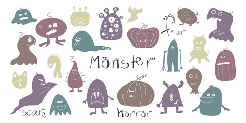 Set of monsters in cartoon doodle style. Vector illustration. For print, stickers