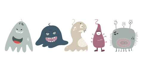 Set of multi-colored monsters in cartoon style. Vector illustration for print, stickers, baby decorations.