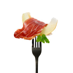 Traditional spanish jamon slices (dried pork meat) with melon and fresh herbs isolated on white...