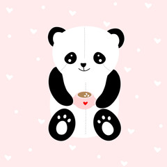 Flat vector of funny little panda . Cartoon character of cute bamboo bear. Panda holdind cup of cofee with marshmello. Graphic design for children print, sticker. Funny little panda wiyh hearts.