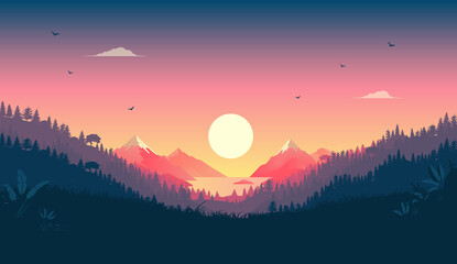 Beautiful vector landscape with sunrise -  Early morning in nature with colourful view to mountains, forest, sun and red sky.