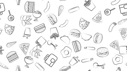 Black and white endless seamless pattern of food and snack items icons set for restaurant bar cafe: burger, nuts, egg, sausage, ice cream, pizza, burrito, candy, tea. The background