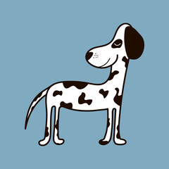 Vector illustration with a cute domestic dog of the Dalmatian breed in a cartoon style, an isolated element on a blue background. Illustrations for pet stores, posters, prints, clothing.