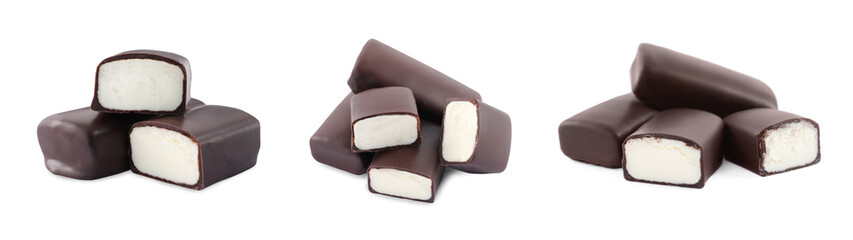 Set with delicious glazed curd snacks on white background. Banner design