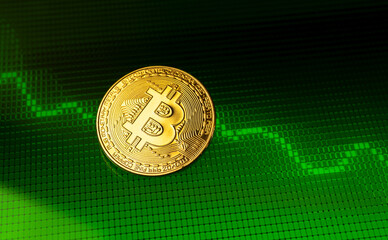 Bitcoin with green and positive stock chart, concept of invest in cryptocurrency, capitalization rise, background