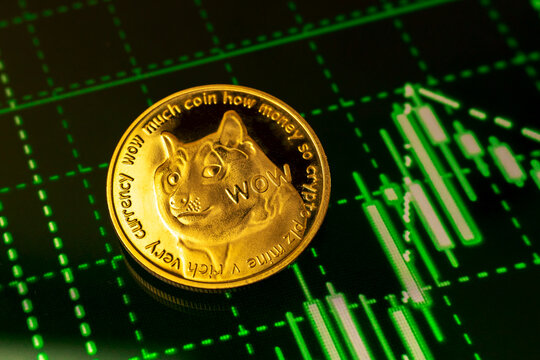 Golden dogecoin on green stock market chart background, concept of growth of crypto currency