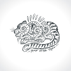 Year of the Tiger 2022. Hand draw doodle logo. Year of the tiger Zodiac symbol. Chinese New Year Greeting Card. Pattern tiger vector illustration.  
