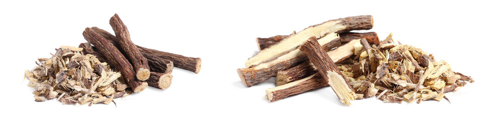 Set with dried sticks of liquorice root and shavings on white background. Banner design