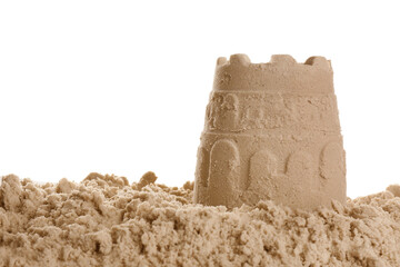 Pile of sand with castle on white background. Outdoor play