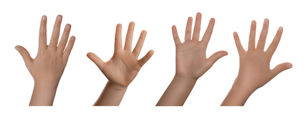 Collage with photos of little child showing hand on white background, closeup. Banner design