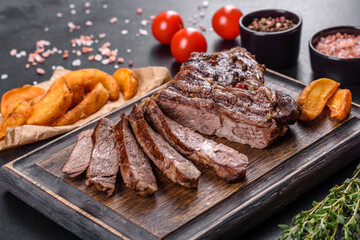Delicious juicy fresh beef steak with spices and herbs on a dark concrete background