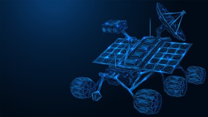 The robot mars rover. An automatic self-propelled vehicle for exploring the extraterrestrial surface and transmitting data to a space research station. Polygonal construction. Blue background. © Ilya