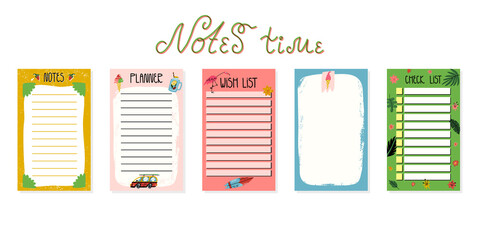 Notes, planner, wish list, check list paper set with cute summer decoration and hand lettering. Cartoon vector.
