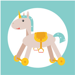 Vector illustration of a unicorn on a blue background. Postcard with a unicorn. Cute unicorn on wheels.