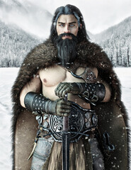 Portrait of a male viking chieftain or Jarl posing in his norther homeland with a light snow falling.Warrior is equipped with a long sword, leather armor and bear 
skinned coat. 3d rendering - obrazy, fototapety, plakaty