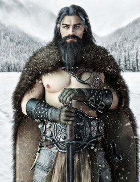 Portrait of a male viking chieftain or Jarl posing in his norther homeland with a light snow falling.Warrior is equipped with a long sword, leather armor and bear 
skinned coat. 3d rendering
