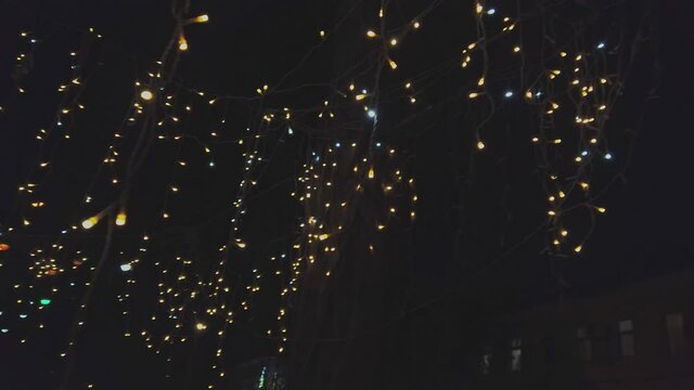 Abstract Holiday lights on black background. Store front decoration. Glowing light bulb garland moving, copy-space.