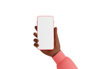 Smartphone mockup in african american hand 3d render illustration isolated on white background.
