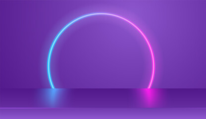 Violet 3d shelf. Blue and pink neon circle. Abstract background for promotion goods. Vector illustration with blank space. Minimal concept banner. Mockup template.