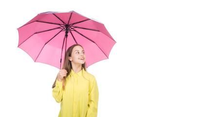 happy teen girl under pink umbrella in autumn weather isolated on white copy space, autumn