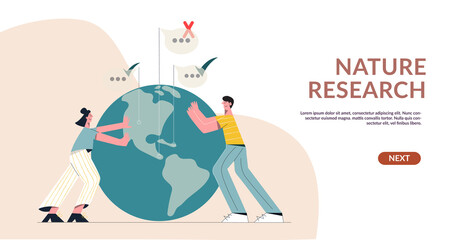 People pins mark on global earth maps, worldwide business communication, navigational equipment. Teamwork and earth symbol. Fact search concept. Flat vector illustration for web banner template