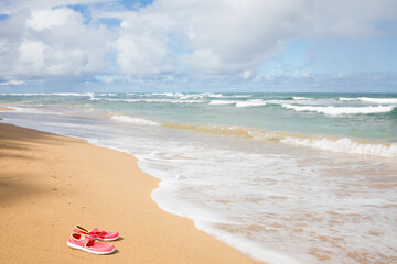 Fototapeta na wymiar Pair of pink reef shoes left on sandy beach