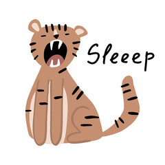 Children's illustration of a lion with an open mouth and the inscription "sleep". Suitable for illustrations in a book, printing on clothes.