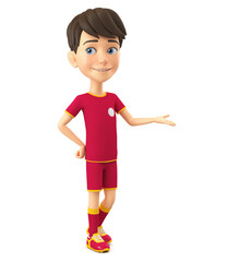 Cheerful cartoon character boy in a sports uniform points with his hand to an empty space. 3d render illustration.