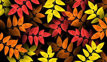 Autumnal background in red, orange and yellow colors. 3d realistic autumn leaves. Design for web, print, wallpaper. Vector illustration.