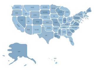 Simplified map of USA, United States of America. Rounded shapes of states with smooth border. Simple flat vector map with state name labels
