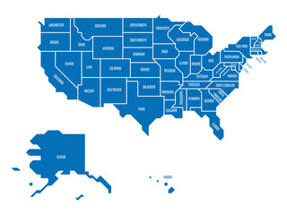 Blue simplified map of USA, United States of America. Retro style. Geometrical shapes of states with sharp borders. Simple flat vector map with state name labels