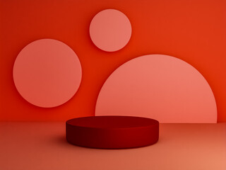 Scene with red color podium for mock up presentation in minimalism style with copy space, 3d render abstract background