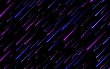 Neon Light Particles, Shooting Stars. Meteorites Flying at High Speed on Dark Space Background. Stylish Print Design.