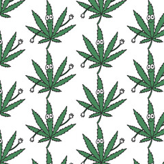 marijuana leaf doodle seamless pattern, vector color line illustration