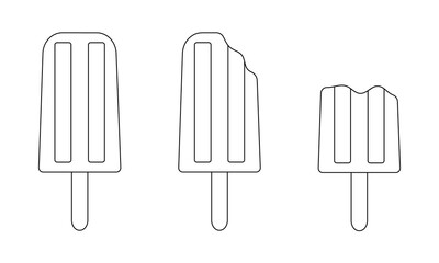 Outline popsicle whole and bitten. Sweet frozen summer dessert set. Editable stroke. Vector linear illustration.
