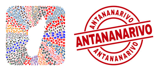 Vector mosaic Madagascar Island map of different icons and Antananarivo badge. Mosaic Madagascar Island map designed as carved shape from rounded square shape. Red round badge with Antananarivo text.