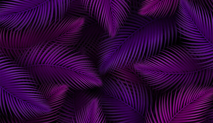 Tropic leaves seamless pattern in neon colors. Colored vector illustration. Isolated on black background.