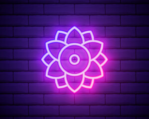 Flower pink glowing neon ui ux icon. Glowing sign logo vector . Glowing flower isolated on brick wall background.