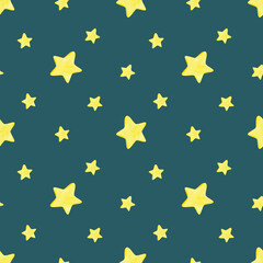 Watercolor seamless pattern with yellow cartoon stars. Hand drawn clipart isolated on dark background.Good for holiday card, fabric print, decoration, ashion design, baby shower invitation etc
