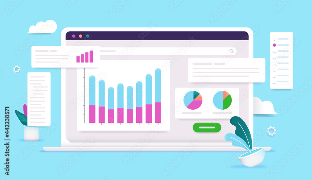 Fototapete Laptop with data analytic tools - Computer screen with graphs and charts on blue background. Internet analysing concept, vector illustration.