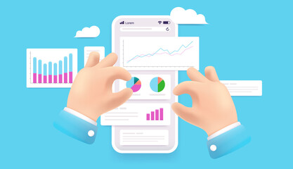 Business analytics - Hands analysing data, charts, graphs and diagrams on smartphone screen. Data visualisation concept. Vector illustration.
