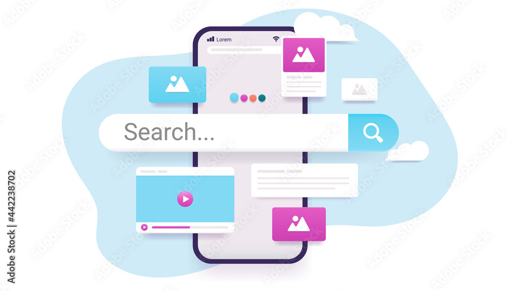 Aufkleber search engine on smartphone screen - vector illustration of phone with internet search and results p