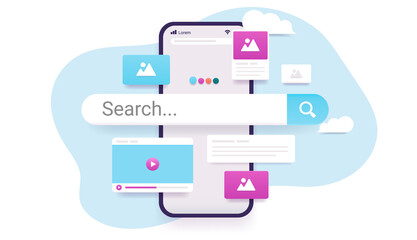 Search engine on smartphone screen - Vector illustration of phone with internet search and results popping out. Finding information online concept.