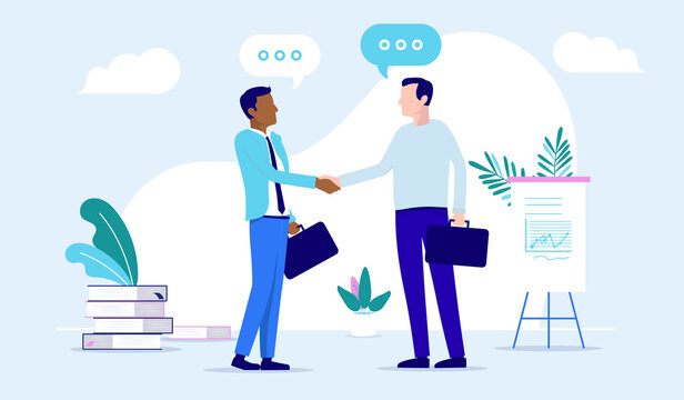 Casual business people shaking hands over deal - Two men in office doing handshake while talking. Agreement and cooperation concept. Vector illustration.