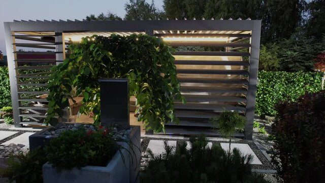 Illuminated Garden Gazebos with Mechanical Wall Blinds Aerial
