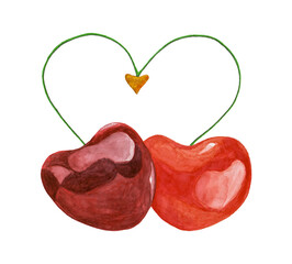 Watercolor cherries isolated on white background..Background for text in the shape of a heart. For the design of postcards, souvenirs, invitations, holidays