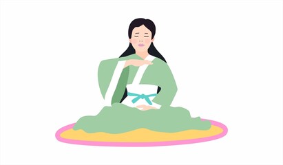 The girl sits in the lotus position and practices yoga and meditation. Attains the state of Zen in the practice of Falun Dafa. Traditional ancient qigong exercise. Falungun lessons.